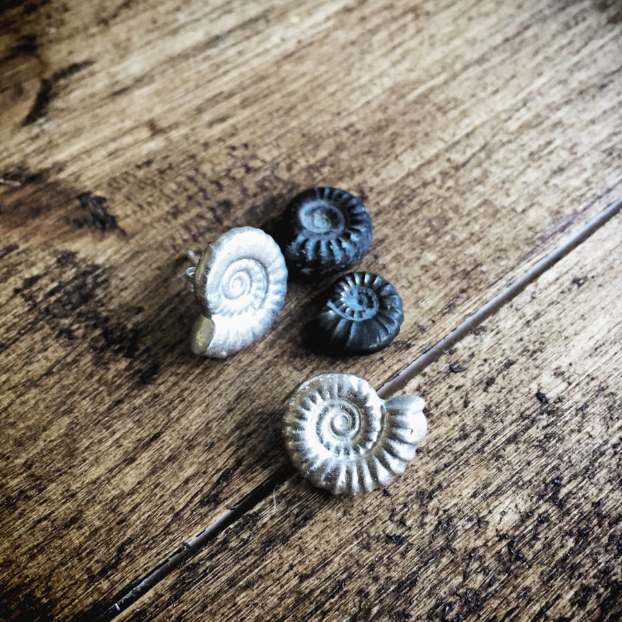 Sterling silver ammonite earrings - silver fossil earrings 