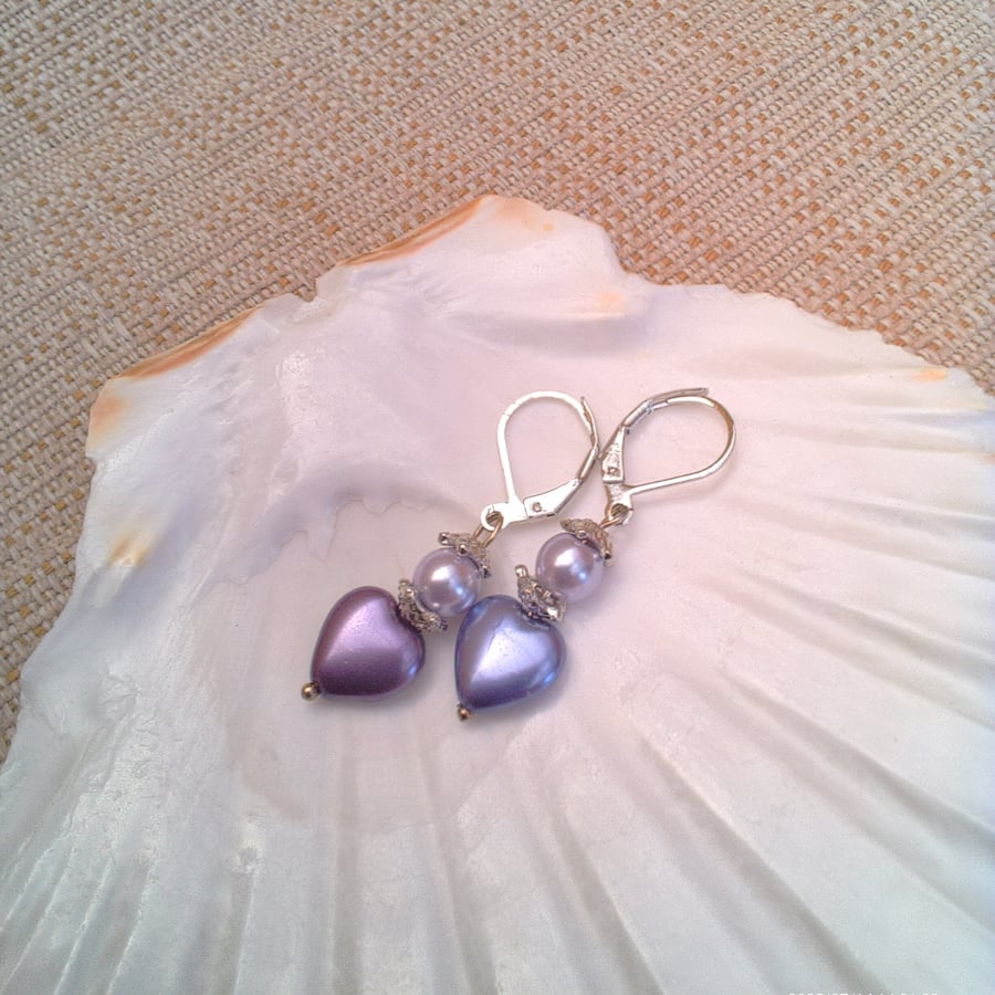 Mismatched Purple Heart and Cream Pearl Earrings, Gift for Her, Purple Heart