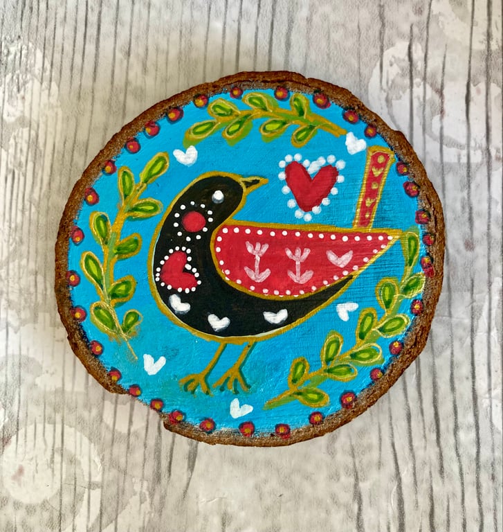 Folk Art Bird Painting On A Wood Slice Fridge Magnet