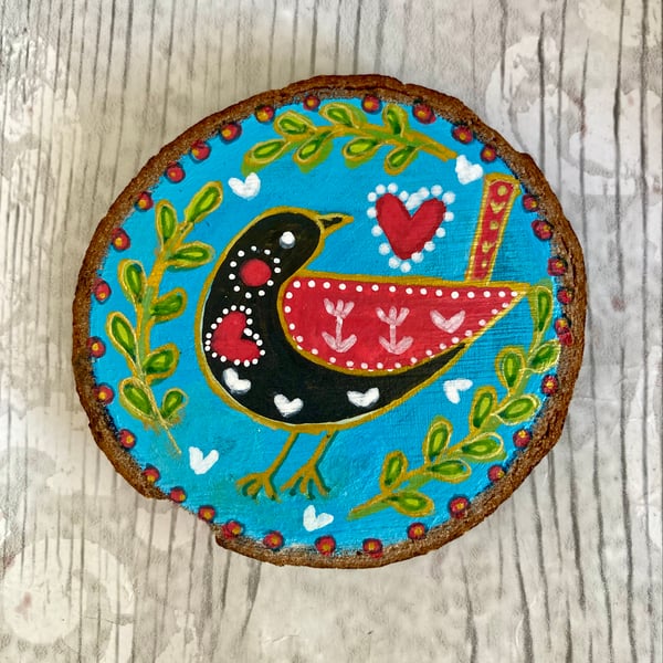 Folk Art Bird Painting On A Wood Slice