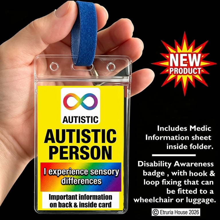 Autism Medical alert. Autistic , Disability badge, loop fixing, plus Medic form