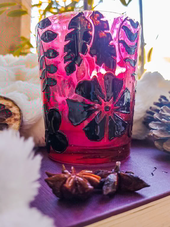 Handmade stained glass tea light candleholder with  tropical plant and flowers