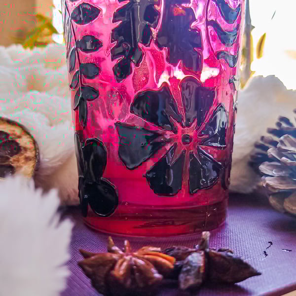 Handmade stained glass tea light candleholder with  tropical plant and flowers