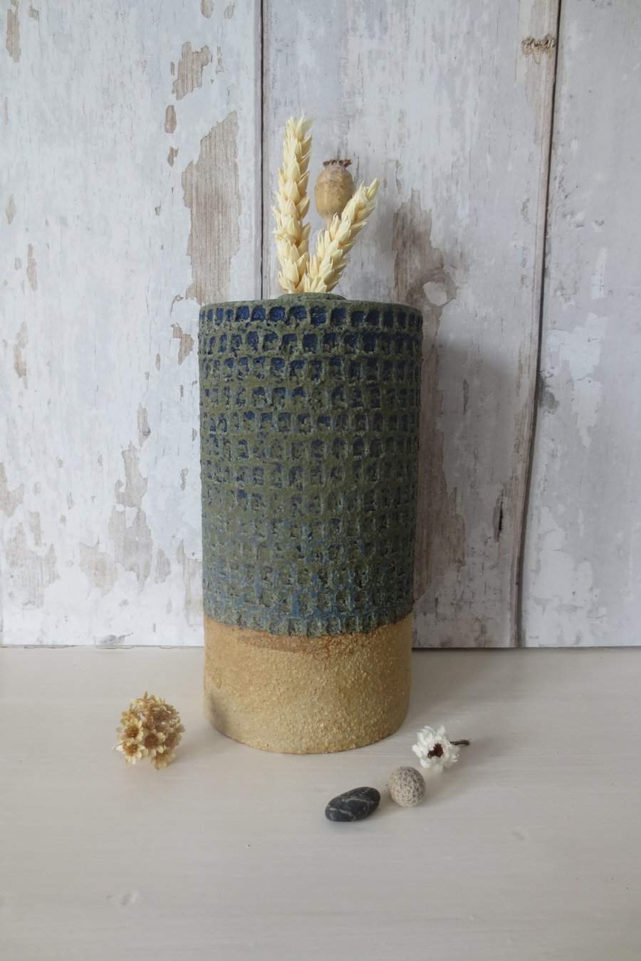 BOTTLE VASE hand-built stoneware pottery textured vase in deep blue-green