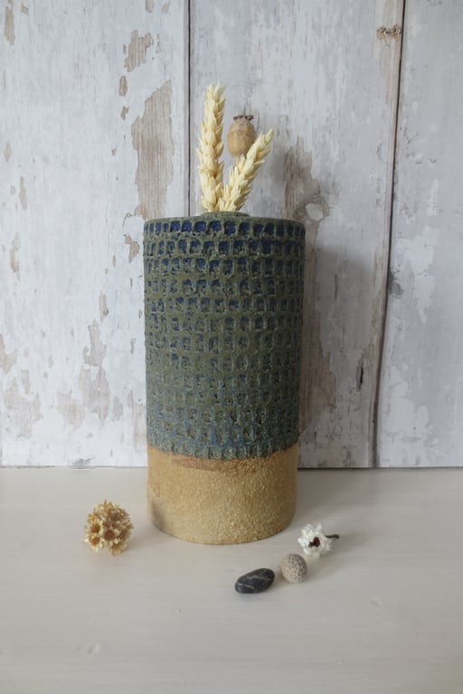 BOTTLE VASE hand-built stoneware pottery textured vase in deep blue-green