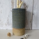 BOTTLE VASE hand-built stoneware pottery textured vase in deep blue-green