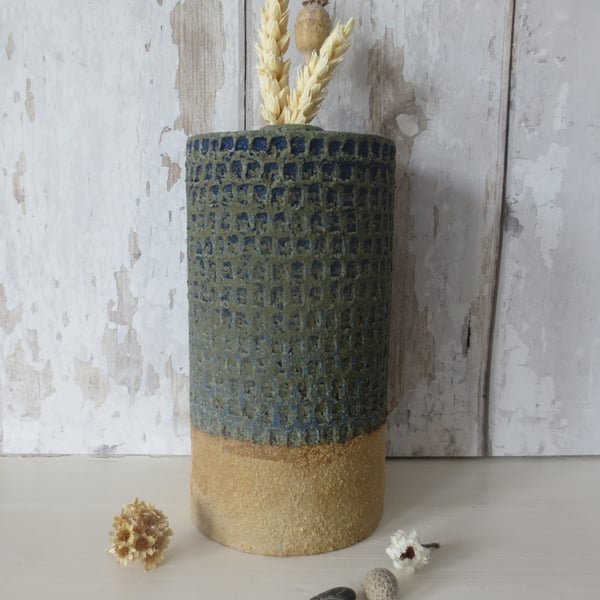 Hand-built stoneware pottery textured vase in deep blue-green