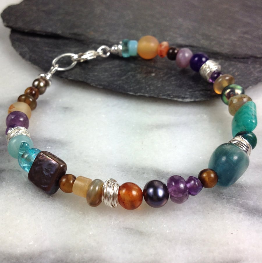 Gemstone silver and pearl bracelet