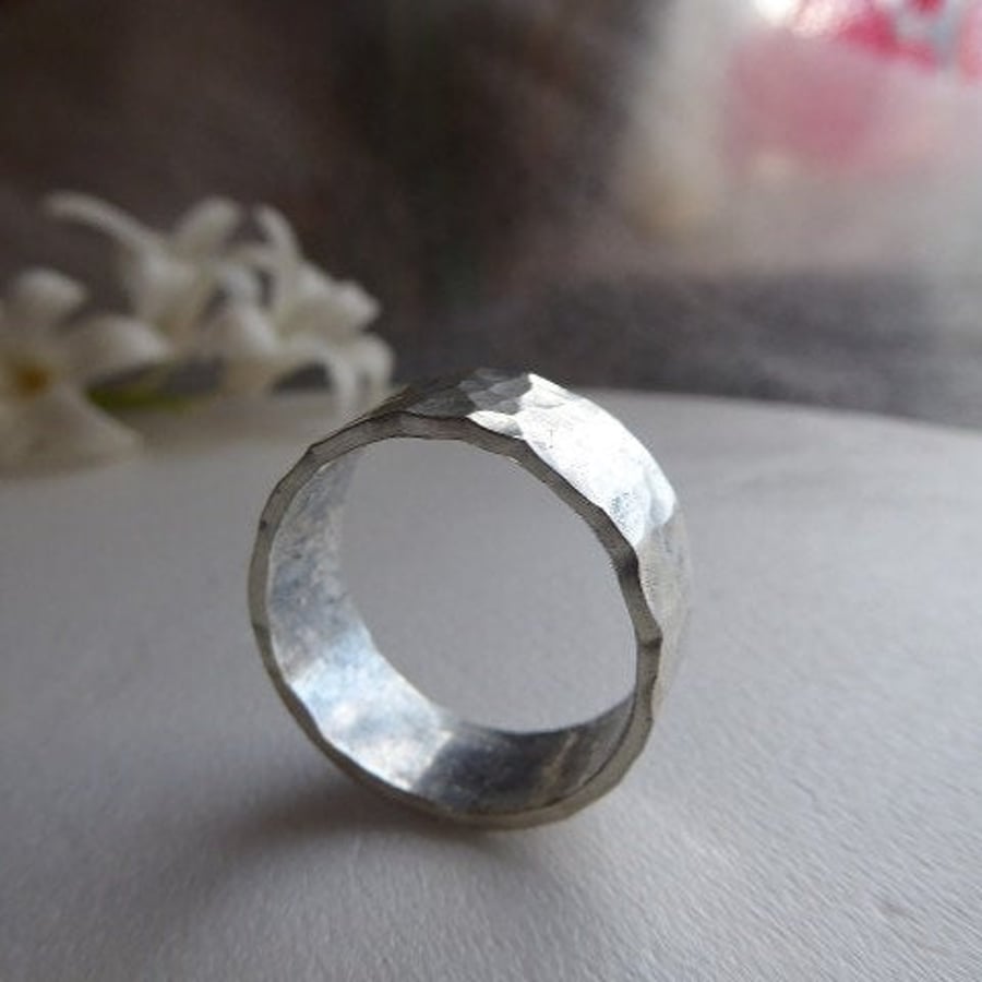 Wide hammered textured wedding band for men sterling silver flat ring