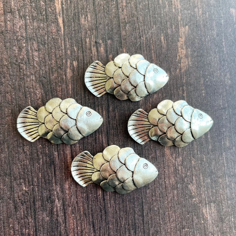 4 large silver-tone fish pendants, gift for jewellery maker, fish lover