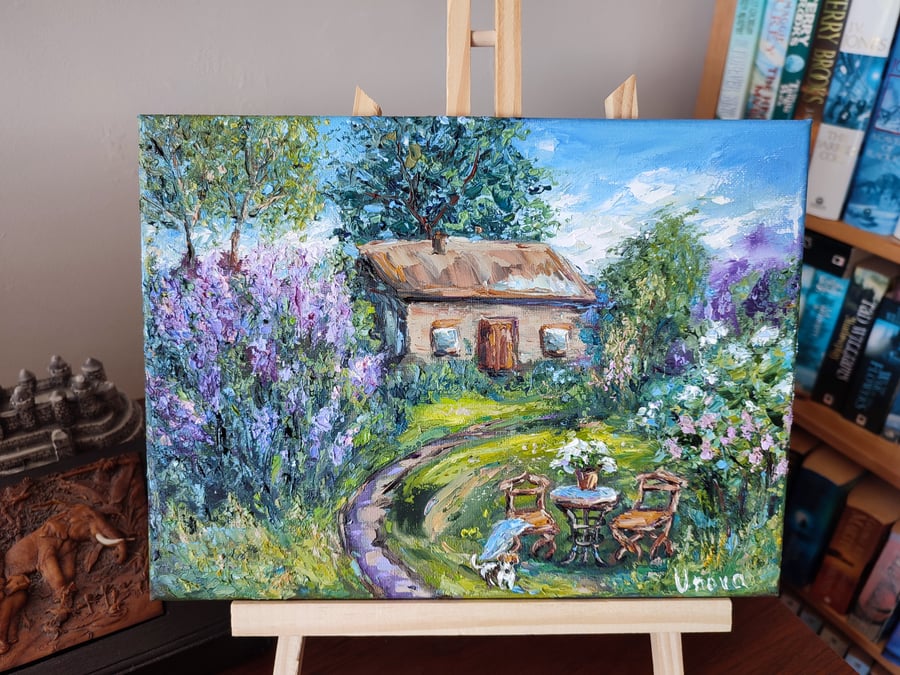 Original Oil Painting Lush Garden Summer Cottage Flowers Art gift Impasto oil