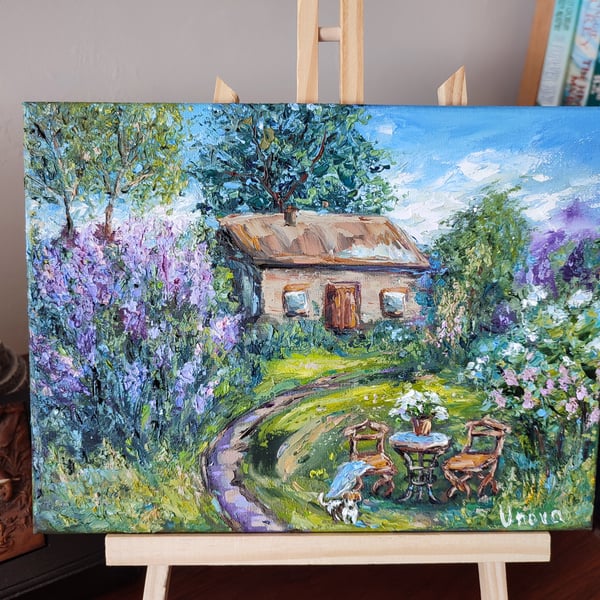 Original Oil Painting Lush Garden Summer Cottage Flowers Art gift Impasto oil