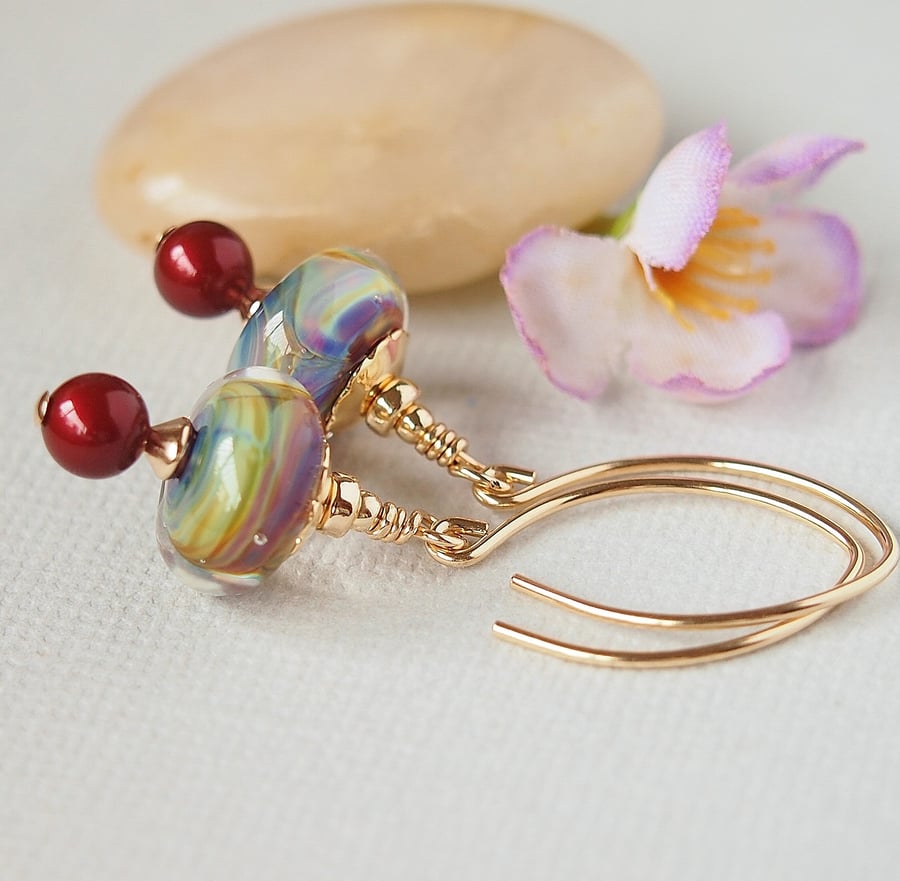 Rainbow Glass Bead Earrings, Artisan Lampwork, Red, 14kt Gold Filled