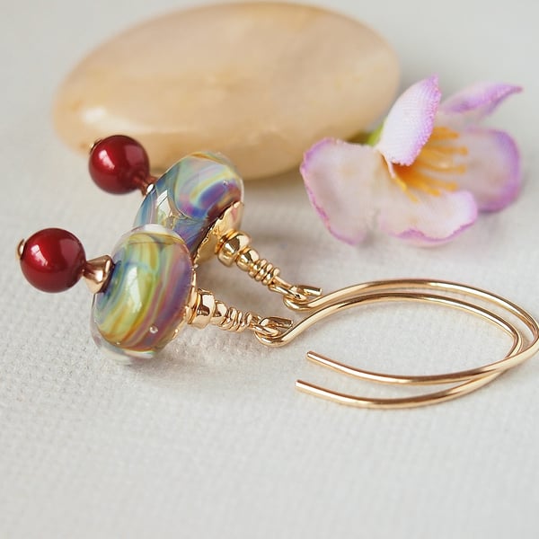 Rainbow Glass Bead Earrings, Artisan Lampwork, Red, 14kt Gold Filled