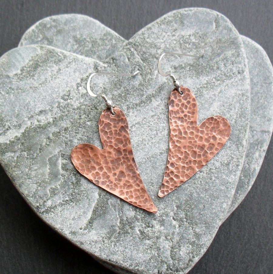  Vintage Copper Heart Earrings With Sterling Silver Ear Wires 