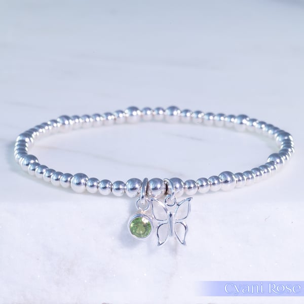 Butterfly Charm Bracelet Sterling Silver Stretchy green glass handmade 