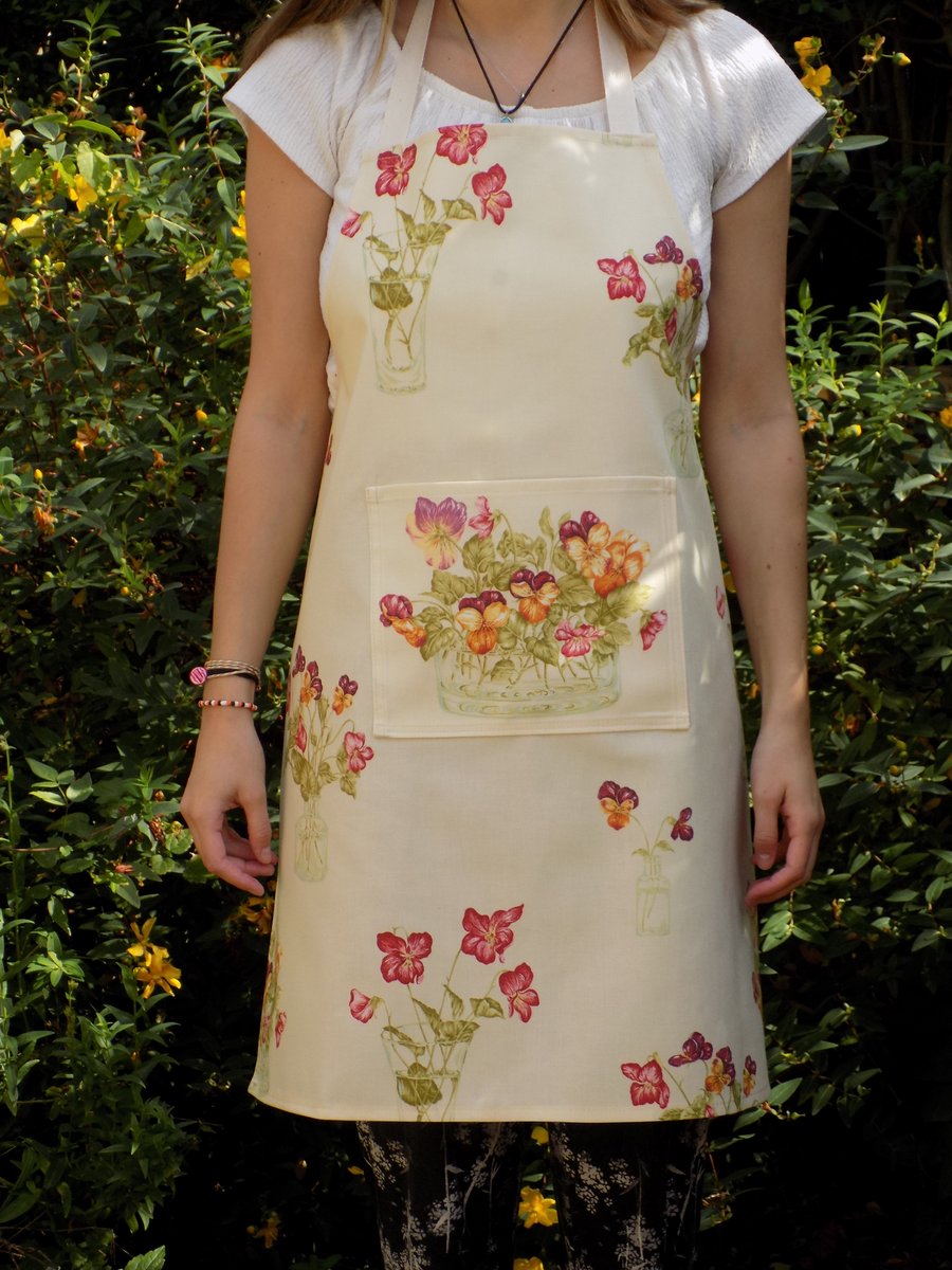 Quality Full Length Ladies' Apron Floral Sanderson Cotton 'Pansies' Fabric