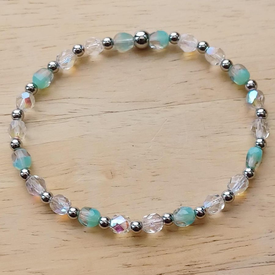 Czech Bead Stretch Bracelet with 6mm Turquoise & Clear Faceted Crystals, Dainty