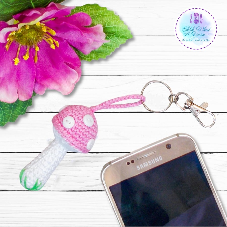 Crochet pink toadstool, mushroom decoration, bag charm. Toadstool keyring.
