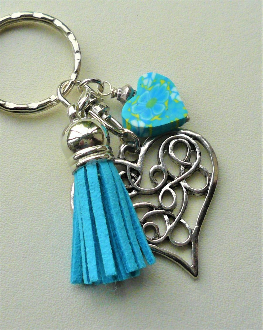 Blue and Yellow Poly Clay and Silver Heart Tassel Keyring Bag Charm   KCJ1998