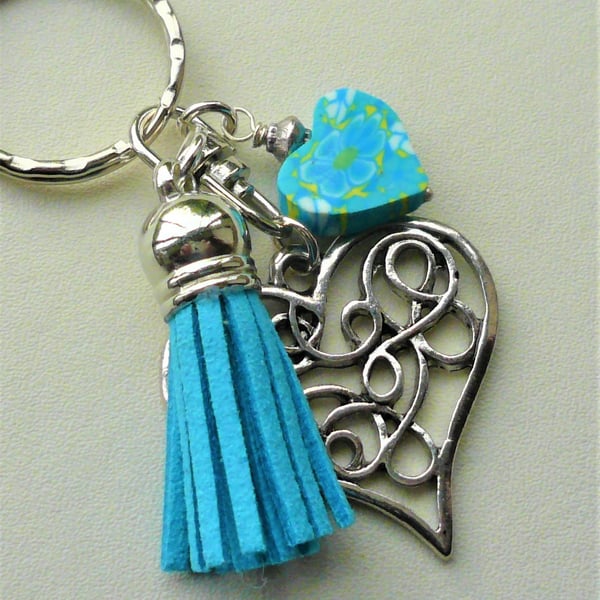 Blue and Yellow Poly Clay and Silver Heart Tassel Keyring Bag Charm   KCJ1998