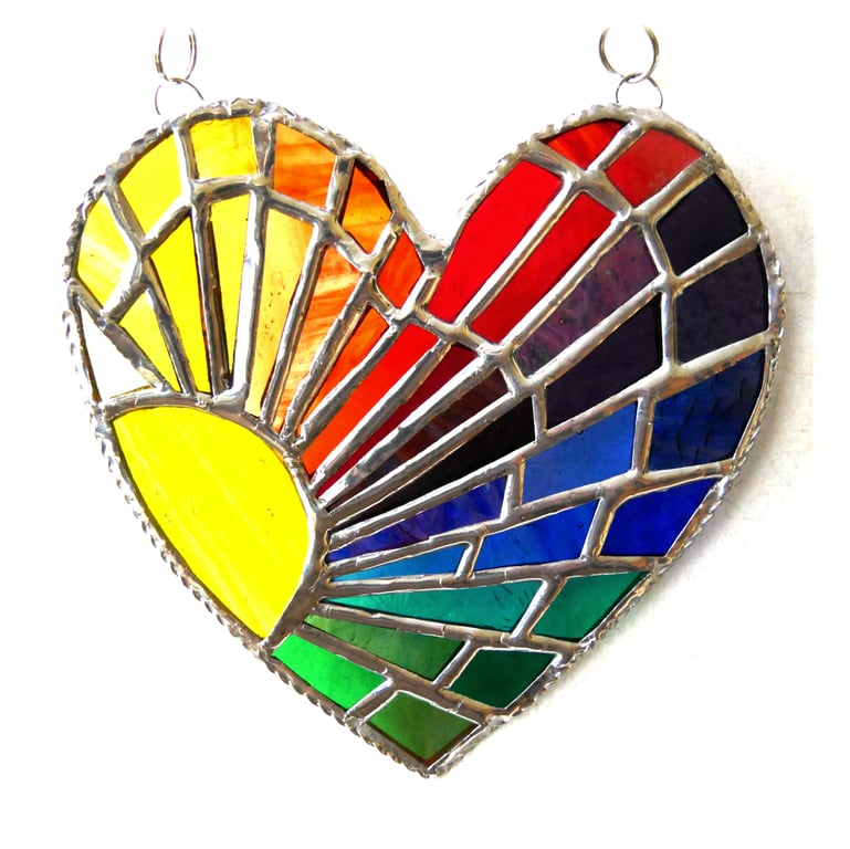 Sun Heart Suncatcher Stained Glass Rainbow Rays Handmade 006