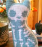 Spooky Crochet Cat Mini Cushion - Blue with white bones - Image 3