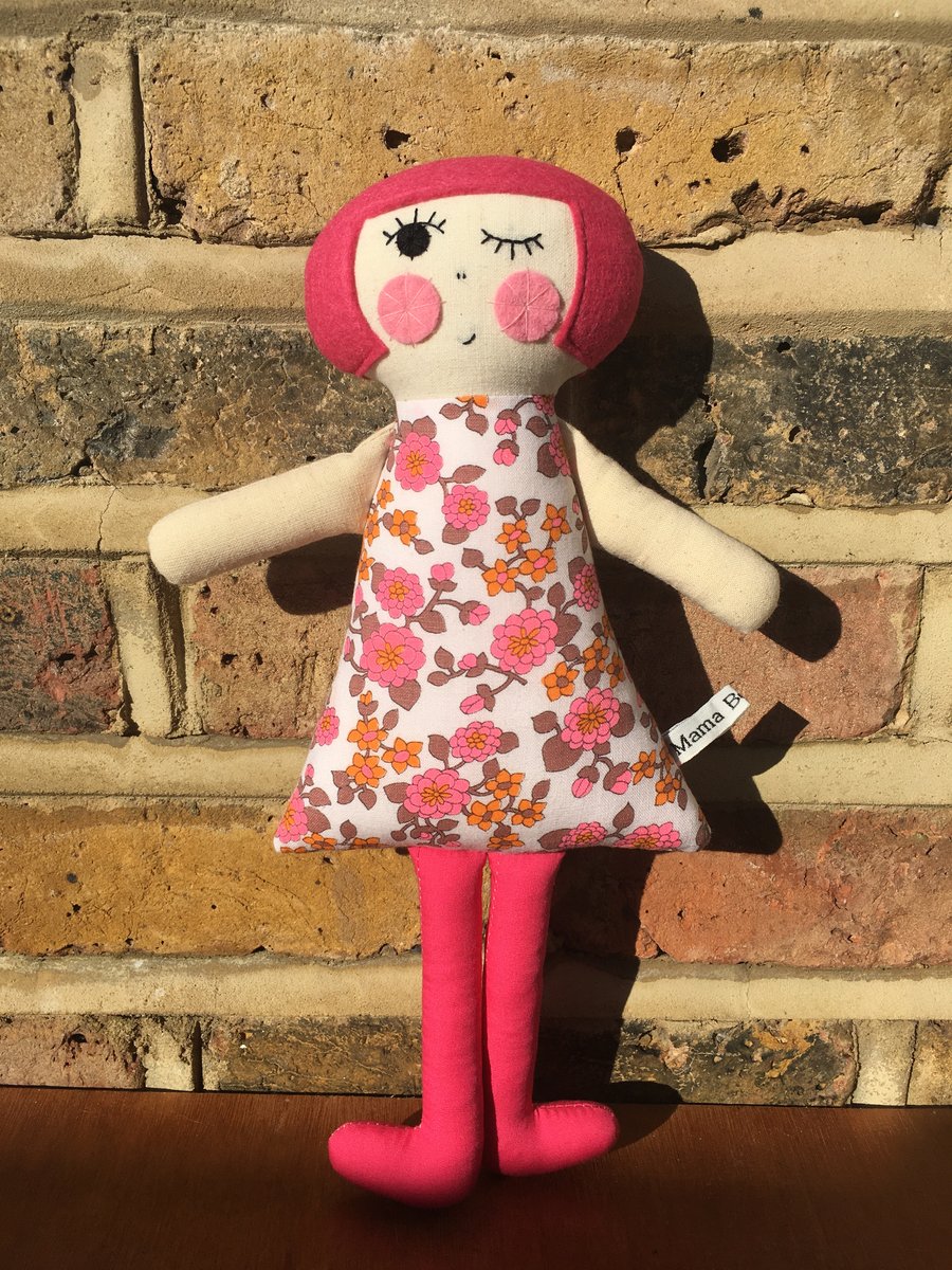Rosie the Handmade Cloth Doll in a 1960’s Pink and Orange Floral Vintage Dress.