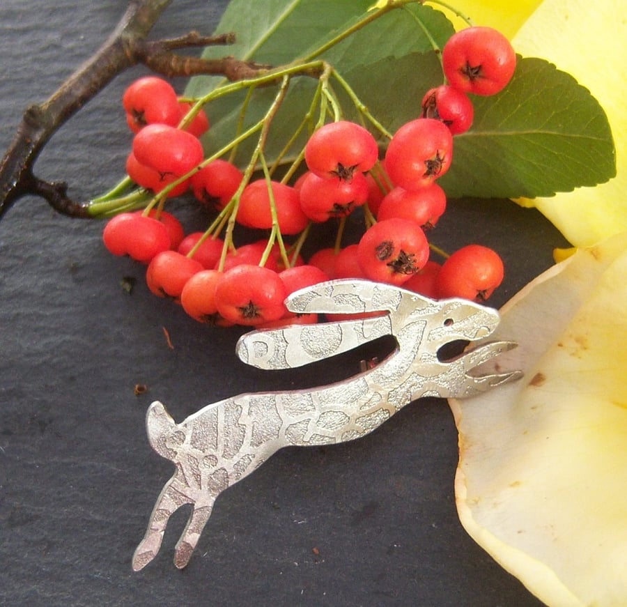 Hare brooch in etched pewter