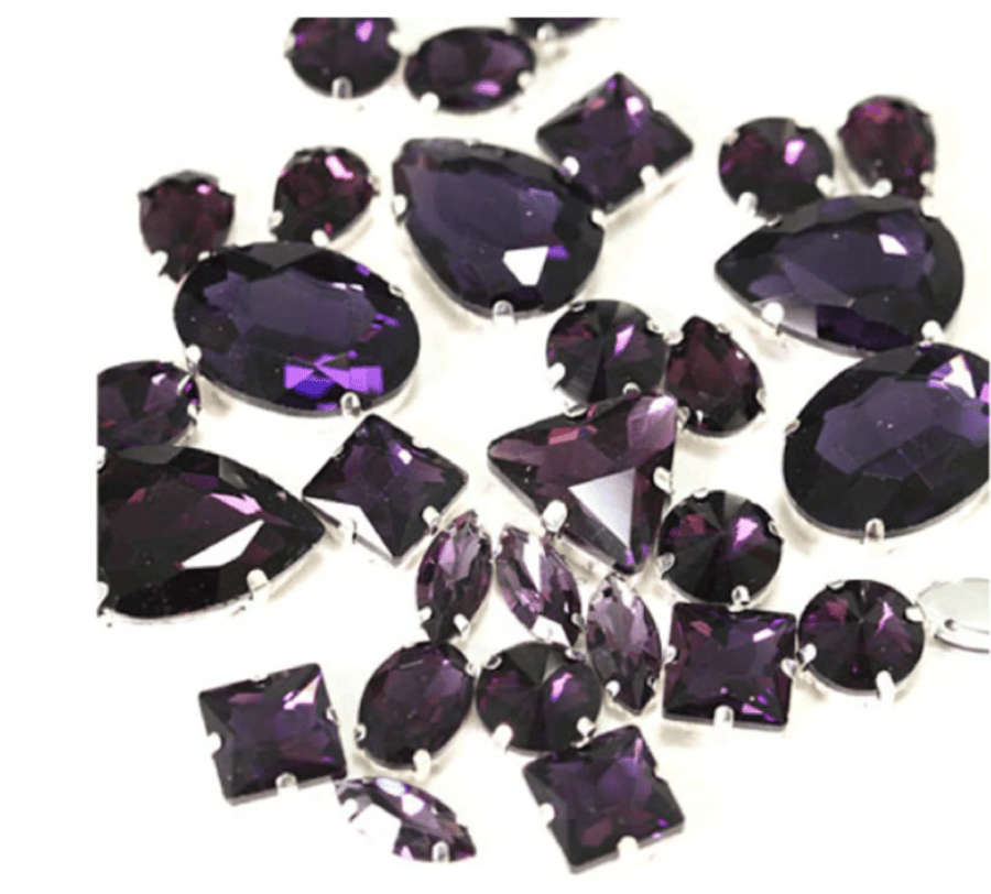 (S34S dark purple) 50 Pcs, Mixed Sizes & Shapes Silver Base Sew On Rhinestones