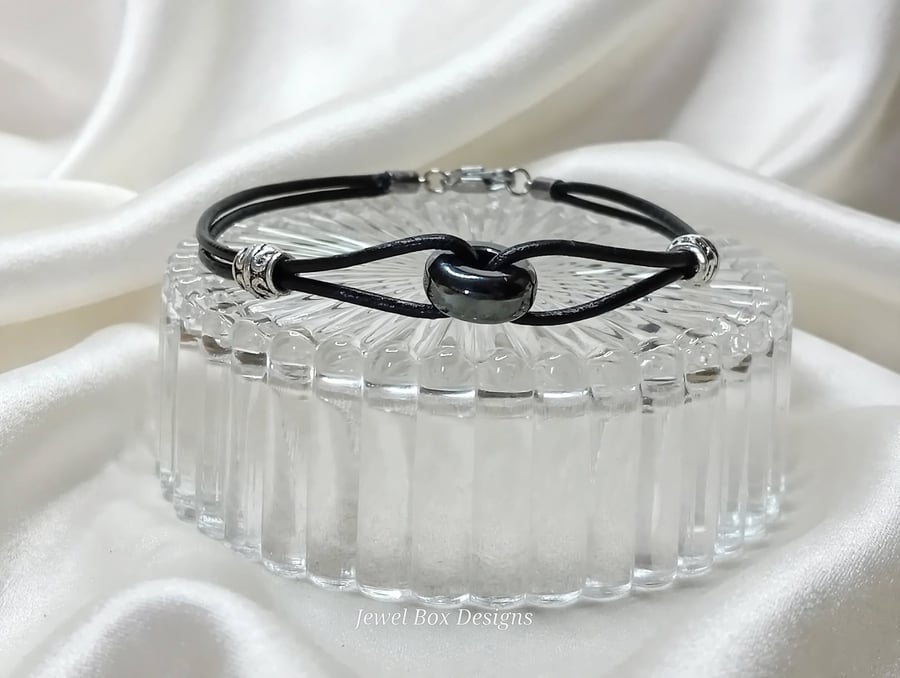  Hematite or Opalite Leather Bracelet