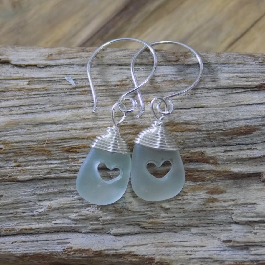 Sea glass heart earrings, drilled hearts, drop earrings (pale seafoam)