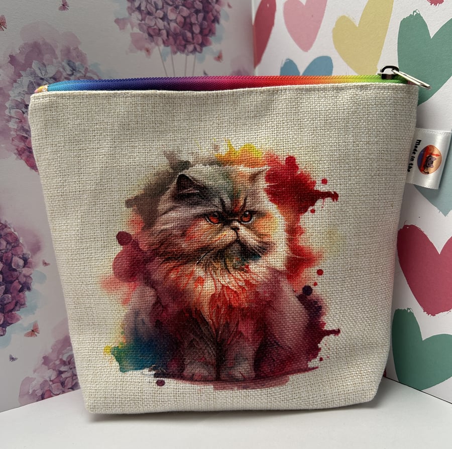 Persian cat rainbow design zipped pouch for birthday gift for women