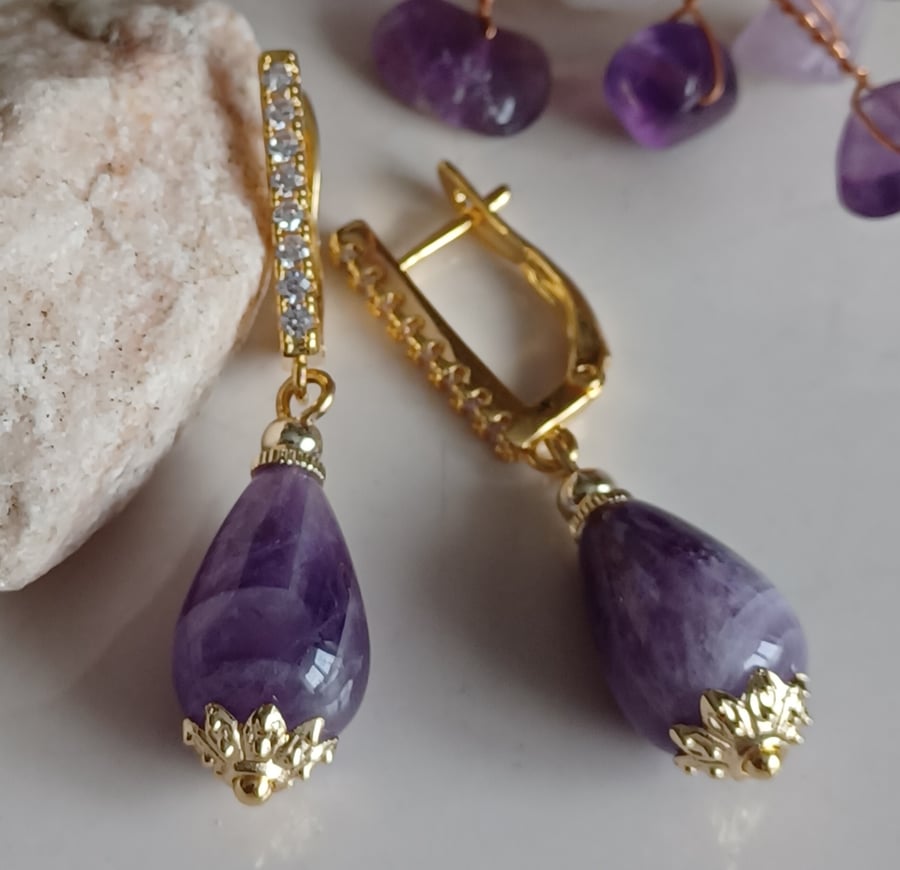 Amethyst dangle earrings, handmade gift for her, gold platet drop earrings