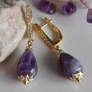 Amethyst dangle earrings, handmade gift for her, gold platet drop earrings