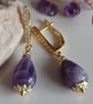 Amethyst dangle earrings, handmade gift for her, gold platet drop earrings
