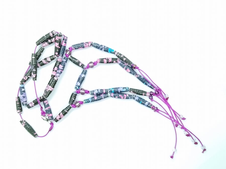 Handmade halloweiner pink and purple paper bead fringe necklace