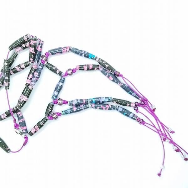 Handmade halloweiner pink and purple paper bead fringe necklace