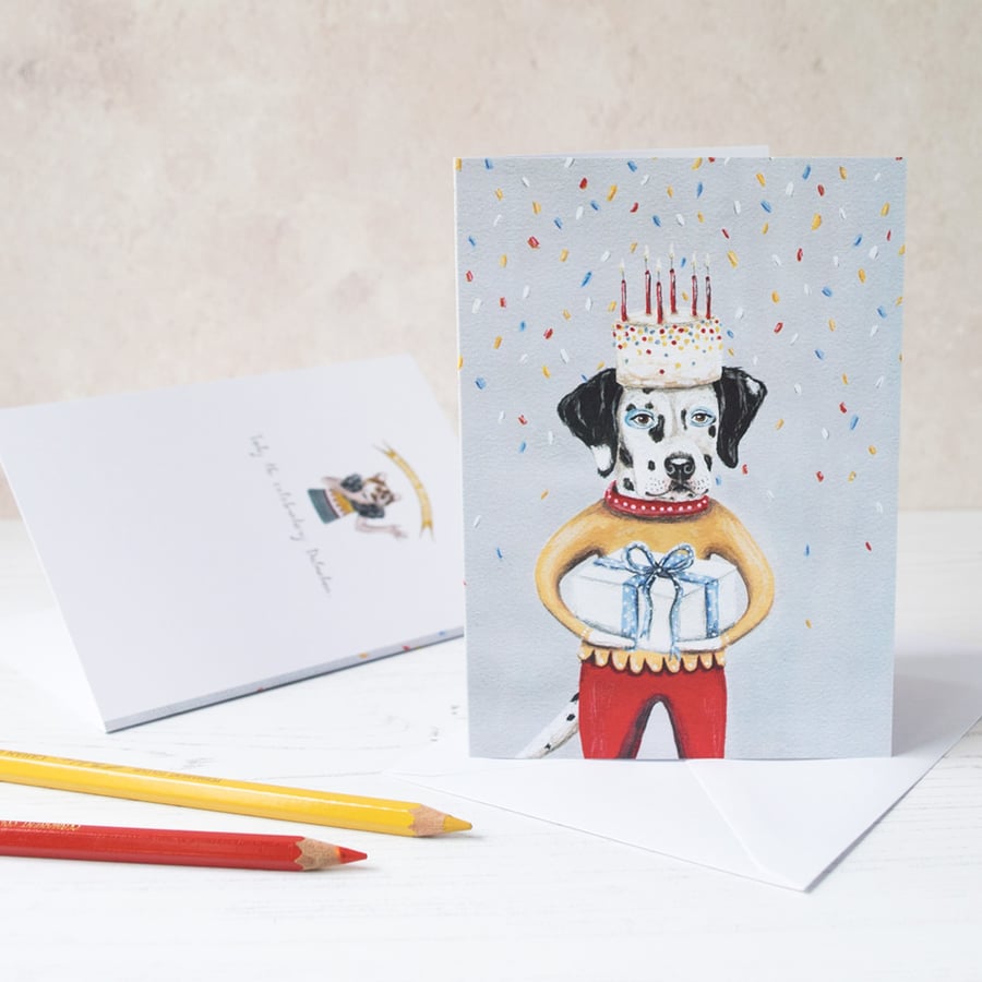 Toby the Dalmatian celebration blank note card. A6. Birthday, congratulations.