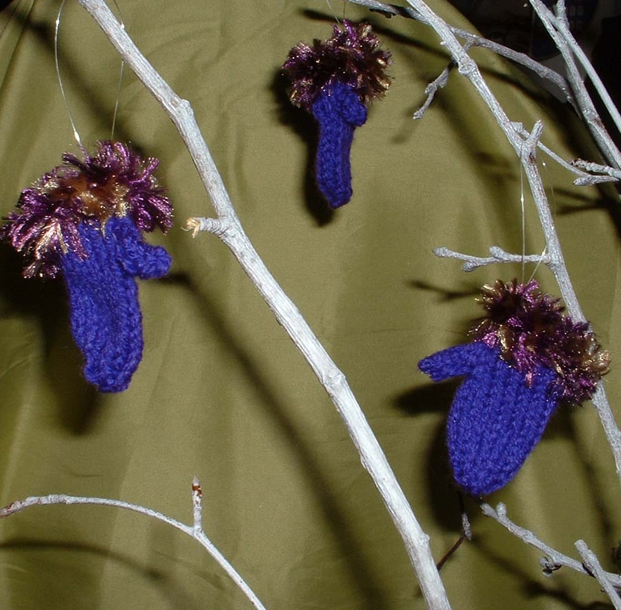 3 Hand knitted tiny mitten christmas decorations- in purple & gold