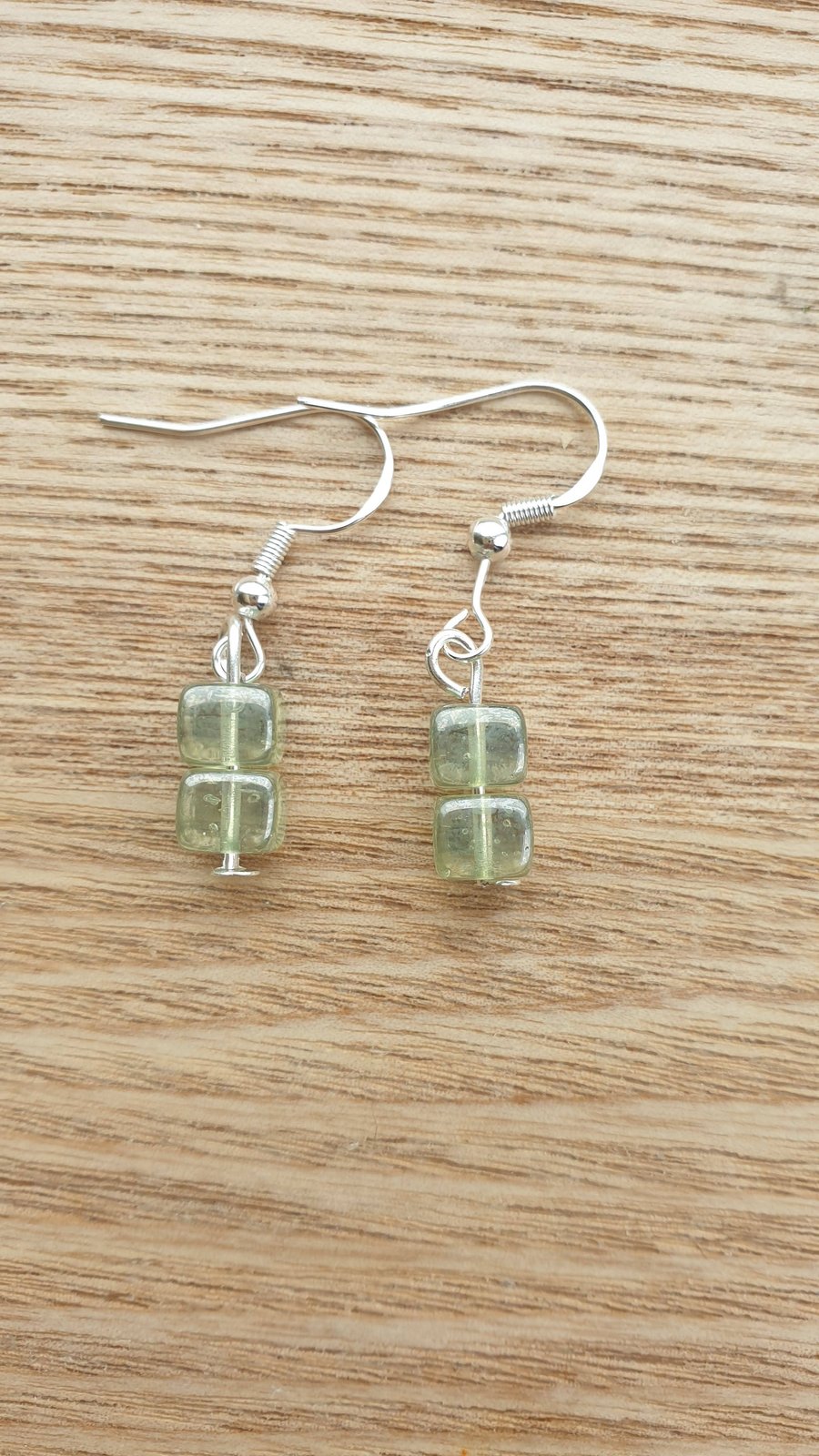 Green Recycled Glass Cube Bead Earrings on 925 Silver-Plated Ear Wires