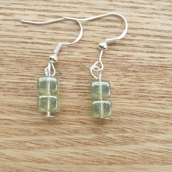 Green Recycled Glass Cube Bead Earrings on Sterling silver Ear Wires