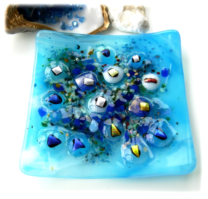 Fused Glass Dish Rockpool Turquoise Trinket Handmade