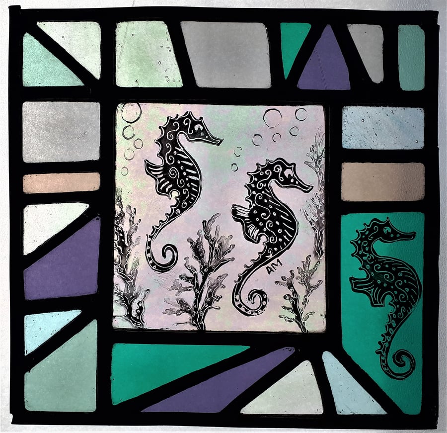 Irridescent sea horses, stained glass panel 