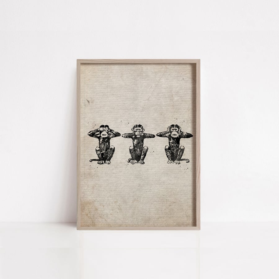 Three Wise Monkeys Ink Stamp art portrait print