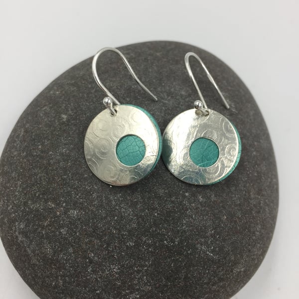 Spiral textured silver and teal aluminium circle earrings