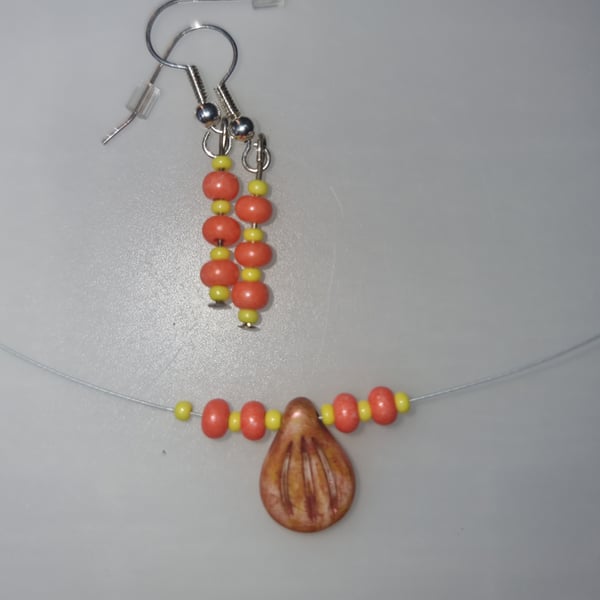 Orange Engraved Pip Bead necklace and earings Jewellery Set