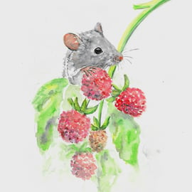 Cute Field Mouse and Raspberries art, original painting