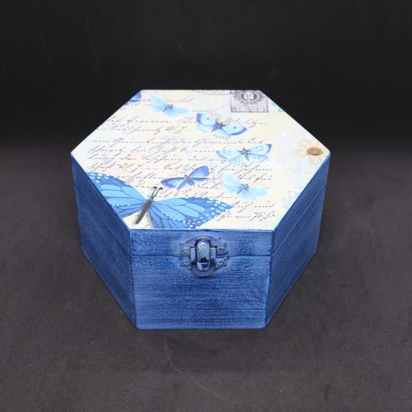 Handmade decoupage blue butterfly themed trinket box