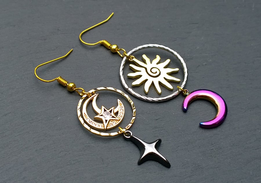 Asymmetrical Sun, Moon and Stars Long Drop Boho Earrings